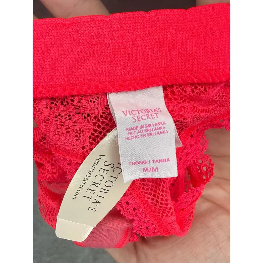 Victoria’s Secret Neon Coral Lace Mesh Thong Panty M NWT